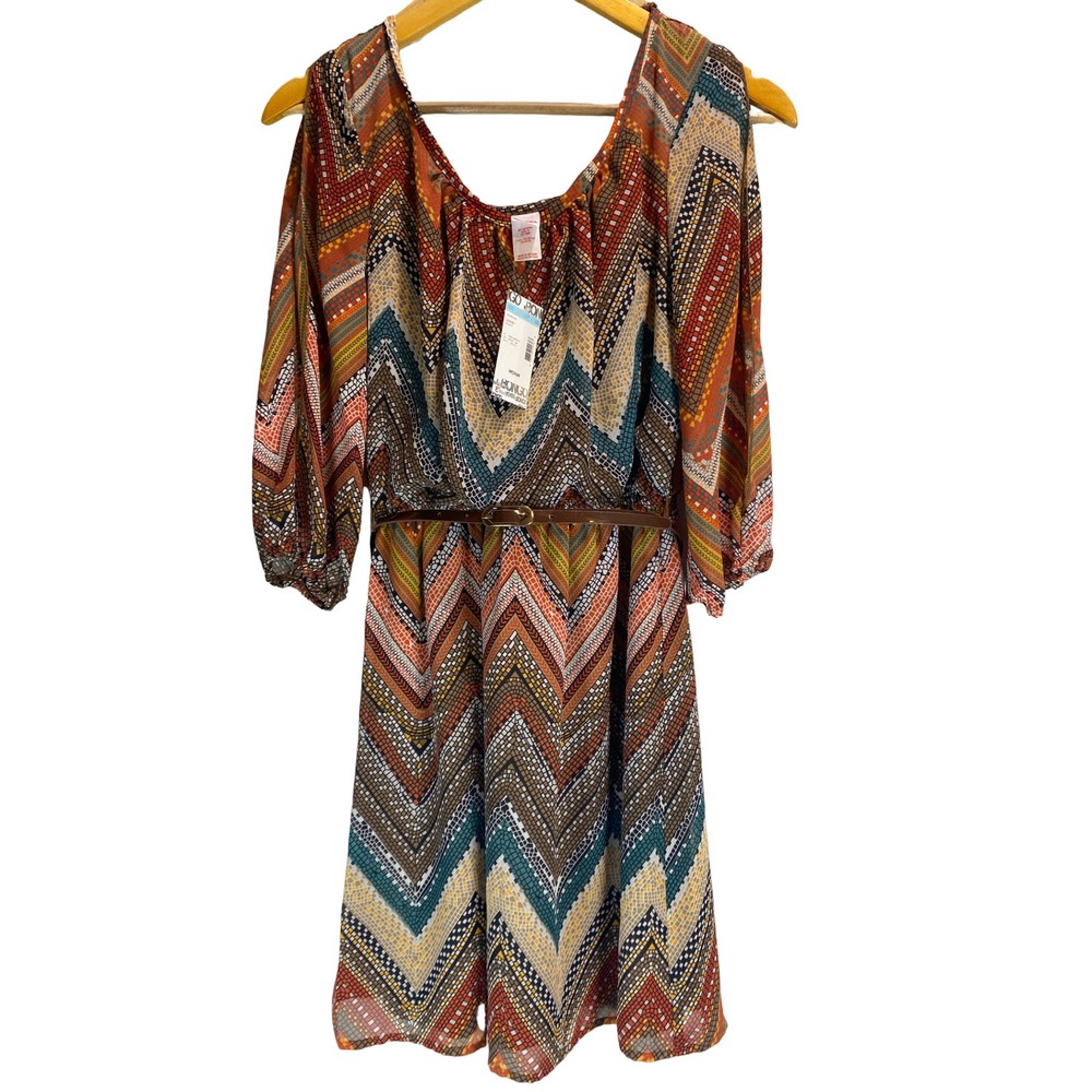 Bongo Y2K Juniors Chevron Mosaic Print Belted Dress‎ Multi Color Medium boho